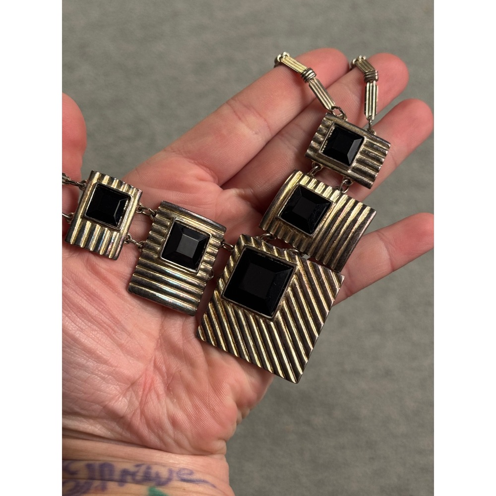 Vintage Art Deco Geometric Statement Necklace Silver Tone Black Stone Ribbed